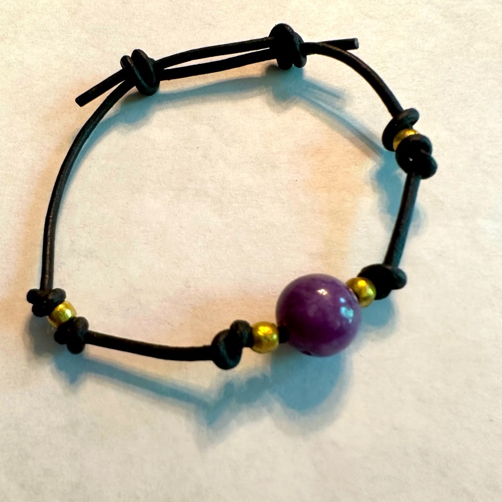 ARTISAN Purple Jade Brass Bead Knotted Brown Leather Slide Knot 8 Inch Bracelet